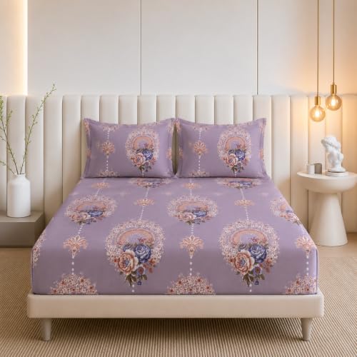 Image of Cotton Feel Glace Cotton Elastic Fitted Bedsheet Queen Size || Includes 1 Double Bed Elastic Bedsheet Queen Size with 2 Pillow Covers (60 inch x 78 inch Inches, LilacPearls)