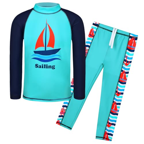 Image of TFJH E Boys Rash Guard Swim Set UPF 50+ Long Sleeve 2 Piece with Pants for Beach 3-14Y