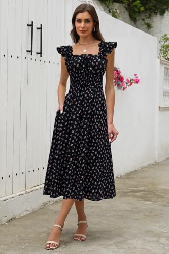 Image of Women's 2026 Spring Summer Floral Midi Dresses Square Neck Smocked Waist Beach Wedding Guest Long Flowy A Line Sundress