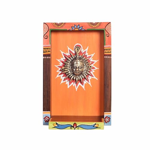 Image of AAKRITI ART CREATIONS Divya Wall Decor Orange Frame with Brass Sculpture of Surya Dev | Dhokra Art, Matte Finish | Wooden & Dhokra Wall Shelf Decor for Home