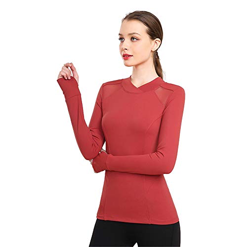 Women's Spring Elegant Long Sleeve Fashionable Skinny Sports Top with Thumb Hole, Ladies Yoga Gym Workout Fitness T-Shirt for Fishing Sailing Hiking Rowing Surfing Exercise,Red,S