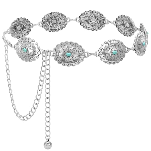 Image of WHIPPY Women Concho Chain Belt Metal Link Western Cowgirl Turquoise Chain Belt for Dress