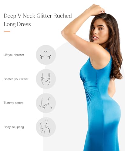 Image of Popilush Shapewear Dress Ruched Bodycon - Deep V Neck Maxi Formal Dresses Built in Shapewear Sleeveless Long Dress