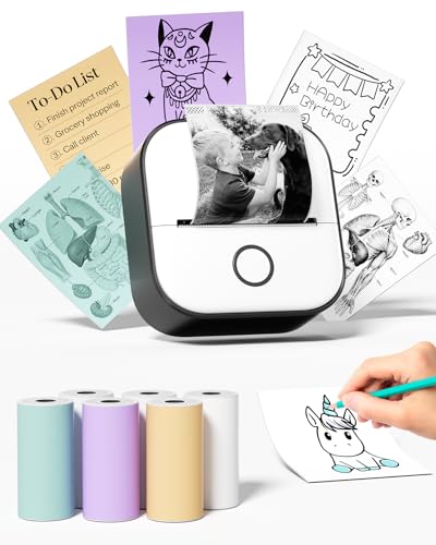 Image of Memoking Mini Thermal Printer - T02 Mini Sticker Printer Print Pod Portable Inkless Printer AI Sticker Maker Bluetooth Photo Printer Instant Print for Study Note, Journal Photos, DIY, Gift, 6 Rolls