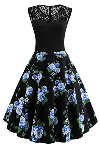 Axoe Damen 50er Jahre Rockabilly Kleid mit Blumenmuster Ärmellos, Farbe12, L (42 EU)