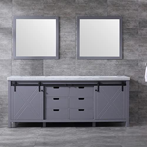 Lexora Marsyas 84-inch Dark Grey Double Vanity, White Carrara Marble Top, White Square Sinks and 34-inch Mirrors