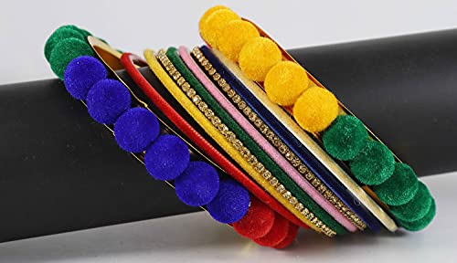 Image of NMII Stylish Metal with Golden Zircon Stone & Velvet Balls Bangles Set For Women and Girls | Fancy Designer Bangles | Short Velvet Chuda Set | Women's Fashion Jewellery