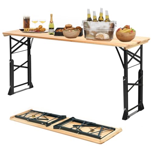 CHEFJOY 5.5FT Folding Picnic Beer Table, Outdoor Camping Table with Umbrella Hole & 2 Adjustable Heights, Heavy Duty Metal Frame & Solid Wood Top, Portable Picnic Table for Patio, Garden, Backyard