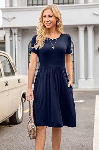 Image of DB MOON Women Summer Casual Short Sleeve Dresses Empire Waist Dress with Pockets