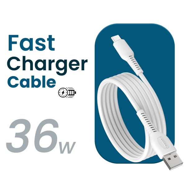 Image of UTRAX 36W USB-A to Type-C Fast Charge & Data Sync USB C Cable, Durable PVC Charging Cord for Android Smartphones, Tablets & Type-C Devices, 180 Days Warranty (White, 100, Centimeters)