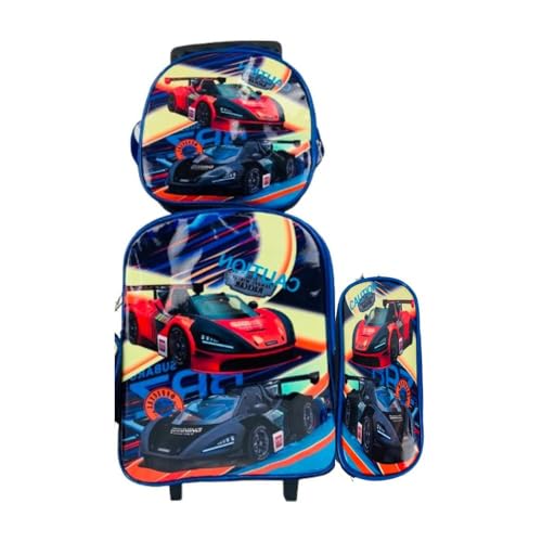 Mochila Infantil Rodinha Carros Azul Lancheira Estojo Menino