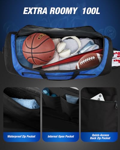 Image of Gonex Gym Duffel Bag 31 inch with Shoe Compartment Wet Pocket, Large Capacity Sports Duffle Bag for Men Women, Workout & Travel Bag with Multiple Pockets, Black /Blue, Large (100L)