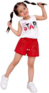 Girls “Young Star” Sleeveless Printed Top & Sequin Shorts Set | Stylish White Tank Top with Red Sparkle Shorts | Trendy Su... Price In India