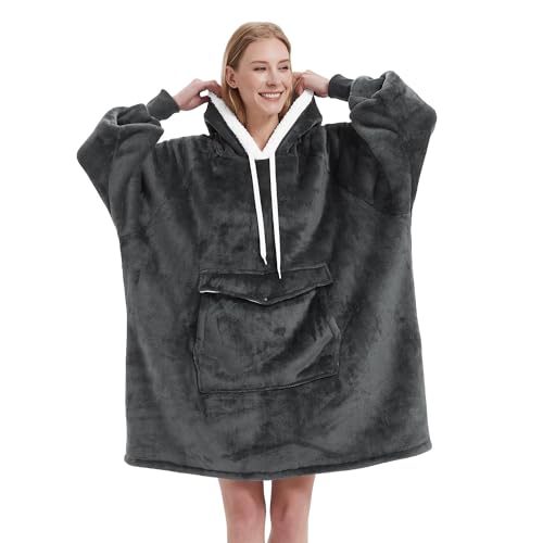 Qeils Wearable Blanket Hoodie for Women, Comfy Sherpa Sweatshirt Blanket as Birthday Christmas Gifts, Oversized Pullover Jacket Blanket Hoodie for Adult (Dark Grey, Adult)
