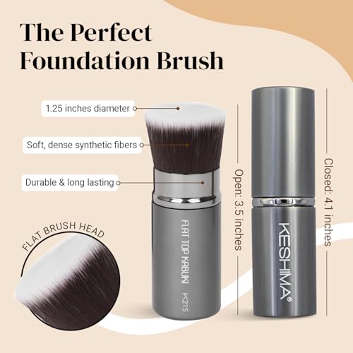 Image of Flat Top Retractable Makeup Brush by Keshima - Premium Retractable Kabuki Brush, for Foundation Liquid Makeup, Powder, Cream and Blush