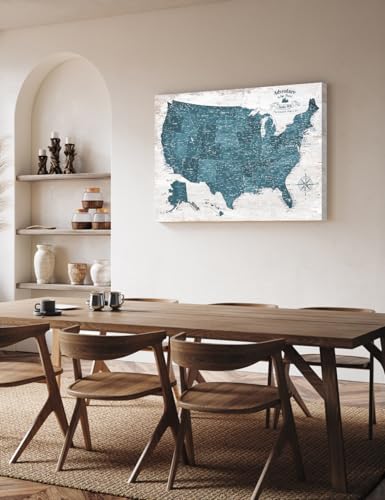 Image of IPIC - Large Vintage Teal USA Map Wall Art, Push Pin USA Map to Track Your Travels, Farmhouse Style Canvas Wall Decor for Home, Office, Living Room or RV, Ready to Hang, Made in USA