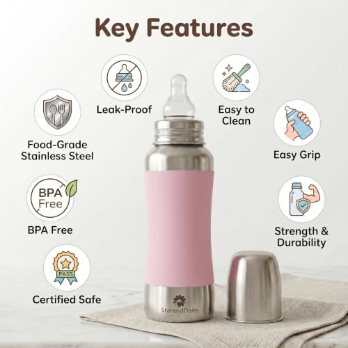 Image of StarAndDaisy Baby Milk Bottle for new Born /Infant /Toddler 240 ML SUS 304 Steel Baby Feeding Bottle for 0+ Months, BPA Free Leakproof, Anti Colic, Easy to Clean (Pink-240 ML)