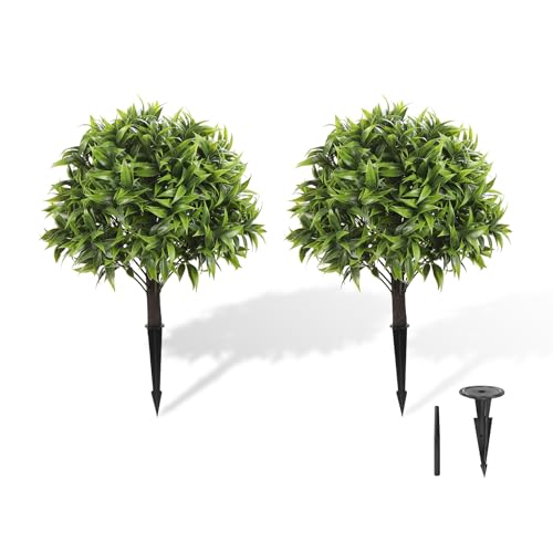 MARCH WIND Artificial Boxwood Topiary with Ground Stake, 18 Inch Faux Greenery Bush for Outdoor Yard, Garden, Walkway & Patio Decor, 17.5” Wide Realistic Faux Plant-2Pcs