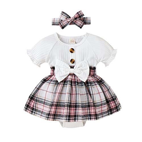 Viworld Newborn Baby Girl Romper Short Sleeve Plaid Onesies Jumpsuit Dress With Headband Summer Infant Girl Outfits Set(White,6-12M) #TOP11