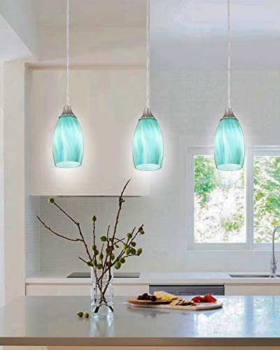 karyfine Mini Art Glass Pendant Lights Kitchen Island,Handcrafted Teal with Gold Glass Ceiling Pendant Lighting Brushed Nickel Adjustable Cord Hanging Lamp Cover for Coffe Bar,Dining Room 3pack - Image 7