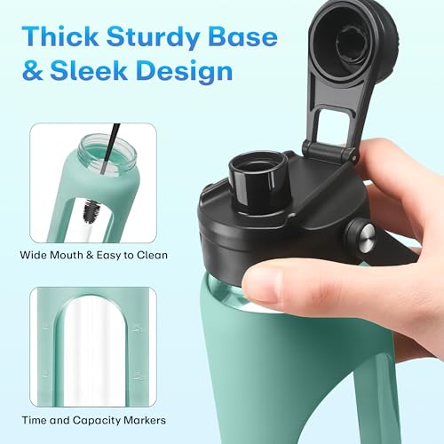 Image of Rioware1 Litre Motivational Borosilicate Glass Sipper with Silicone Sleeve, Time Markings, Airtight,Leak-Proof BPA-Free Eco-Friendly, Reusable Bottle For Fridge, Gym, Travel, Office & Home (GREEN)