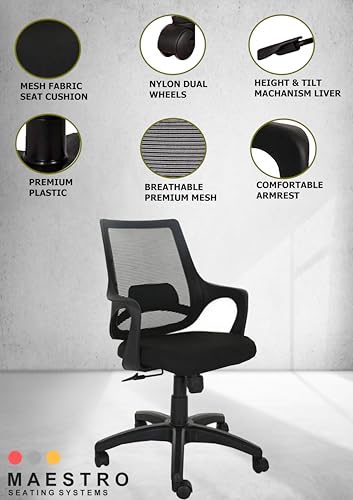 Image of Office Arm Chair with Frame, Mesh Back, Nylon Base, and Adjustable Handle, Cushion Fabric (Mono Chair-Black)
