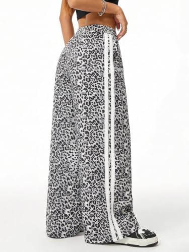 SHENHE Girl's Y2k Leopard Print Pants Wide Leg Baggy Side Stripe Cheetah Pants Trousers Light Grey 8Y