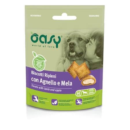 Oasy Snack Per Cani BISCOTTI ripieni con AGNELLO e MELA - OFFERTA - 6 CONFEZIONI DA 80 gr