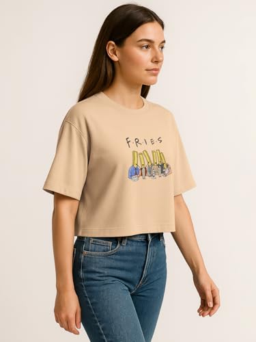 Image of HELLCAT Beige Printed Loose Fit Crew-Neck Crop T-Shirt for Women