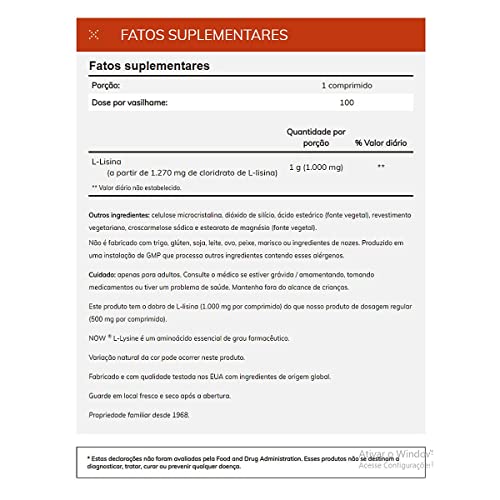 now foods supplements l-lysine hydrochloride 1000 mg double strength amino acid 100 tablets