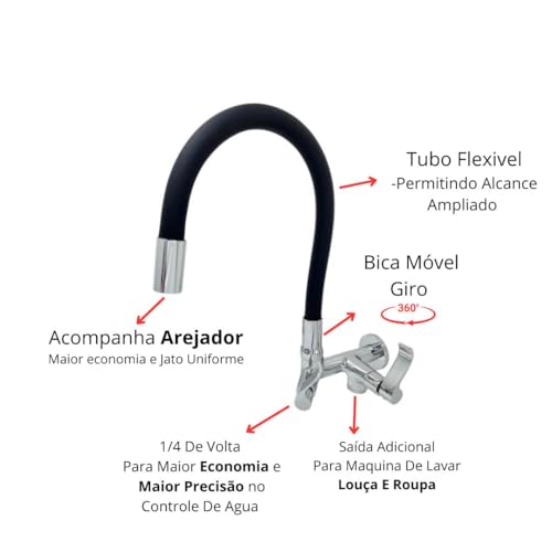 Torneira Flexivel De Parede Com Saida Para Maquina De Lavar Louça E Roupa Tubo Preto Samer Metais