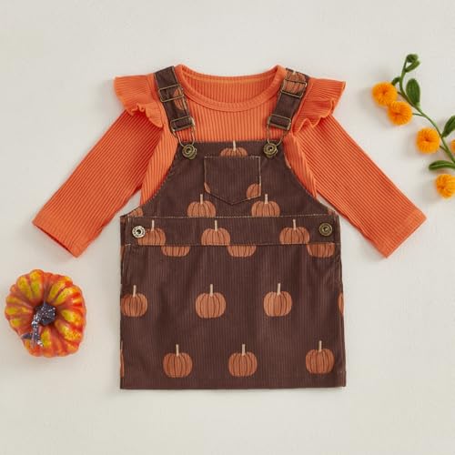 Karuedoo Newborn Baby Girl Halloween Thanksgiving Outfit Ruffle Ribbed Romper Pumpkin Suspender Skirt Overall Dress Set3