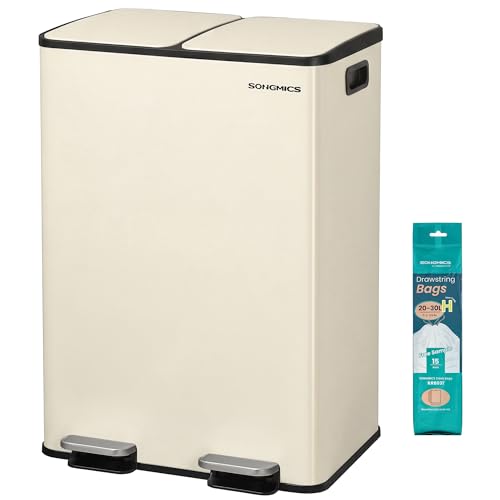 SONGMICS Poubelle de Cuisine, 2 x 30 L, 2 Compartiments, Poubelle à Pédale, Couvercle à Fermeture Douce, avec Seaux Intérieurs, Acier, 15 Sacs Poubelle...