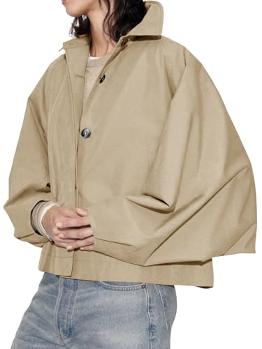 Cicy Bell Khaki Oversized Cropped Trench Coat with Batwing Sleeves - Trendy and Versatile Outerwear for Every Occasion - Image 6