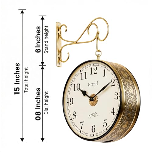 Image of CRAFTEL Double Sided Station Clock Multi-Layer Electroplated | English Roman Numerals | Aluminum Dial Brass Body | Jodhpur Handcrafted Gift for Home | Dial - 8 Inches, Shiny Gold | 365 Days Warranty