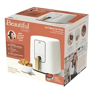 Beautifuӏ 3-Quart Digital Air Fryer with TurboCrisp Technology, Compact Countertop Design with 4 Presets for Baking Roasting and Reheating by Drew Barrymore (White Icing)