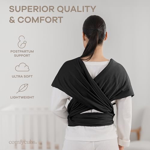 comfy cubs baby wrap carrier - soft amp secure fit cotton blend baby carrier newborn to toddler - hands-free amp lightweight infant wrap - adjustable one size fits all toddler sling - black