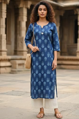 Image of Rajnandini Women's Cotton Jaipuri Printed Kurti (JOPLJPR146A-P Blue P)