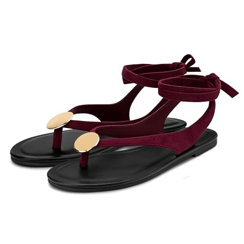 Carcuume Women's Suede Flat Sandals with Metallic Accents Adjustable Strappy Flip Flops for Beach Vacation Casual Outings Cushioned Dressy Slides,MOLAZY-00, Burgundy Suede, 10