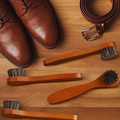 Image of 4 Pcs Horsehair Shine Shoes Brush Kit Polish Dauber Applicators Cleaning Leather Shoes Boots Care Brushes Suede Cleaner Brush with Microfiber Shoe Cloth(Brown Handle A)