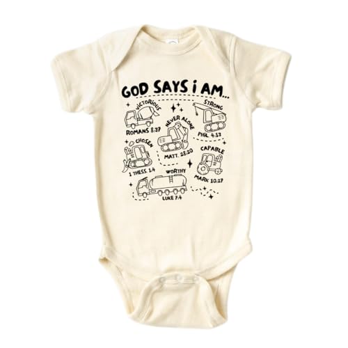 Image of God Says I Am Baby Construction Cute Baby Bodysuit, Kids & Toddler T-Shirt - Funny Outfit for Girls Boys Baby Shower Foodie Tee