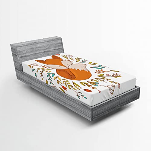 Ambesonne Cartoon Fitted Sheet, Fox Sleeping In A Floral Made Bed Circle Art Print, Soft Decorative Fabric Bedding All-Round Elastic Pocket, Twin Size, Dark Orange #TOP11