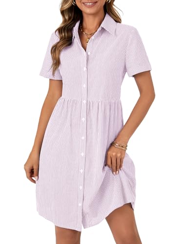 Image of Rooscier Women's Striped Shirt Dress Button Down Collared Short Sleeve Mini Dress