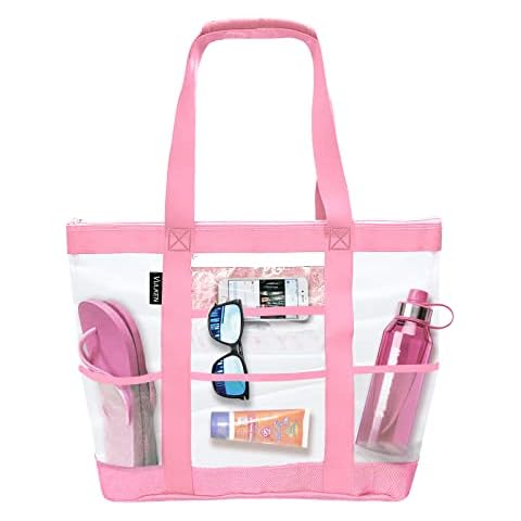Vulken 38L Mesh Beach Bag for Women and Men, Beach Bags and Totes with Zipper 9 Pockets for Travel, Pink, Middle, 17” x 15” x 7.5" , 38L Cover