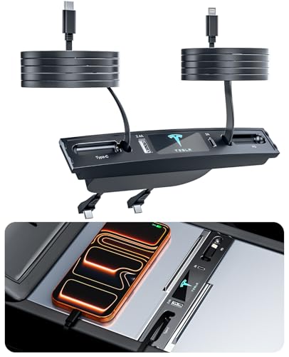 USB Hub for Tesla Model 3 Model Y, Waterproof, Multi Port Fast Charging for Model Y/3 Accessories 2021-2024, Retractable Docking Station with Built-in Cables, Fit Center Console(Not Fit Model 3 2024)