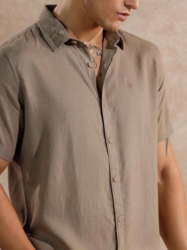 Image of WROGN Men's Cotton Linen Blend Casual Shirt | Solid Minimal Design | Slim Fit