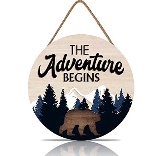 Image of LHIUEM The Adventure Begins Wooden Hanging Sign,Woodland Wall Decor,Bear Mountain Inspirational Quotes Wooden Sign For Home Cabin Decor,Forest Camping Sign (12”X 12”)