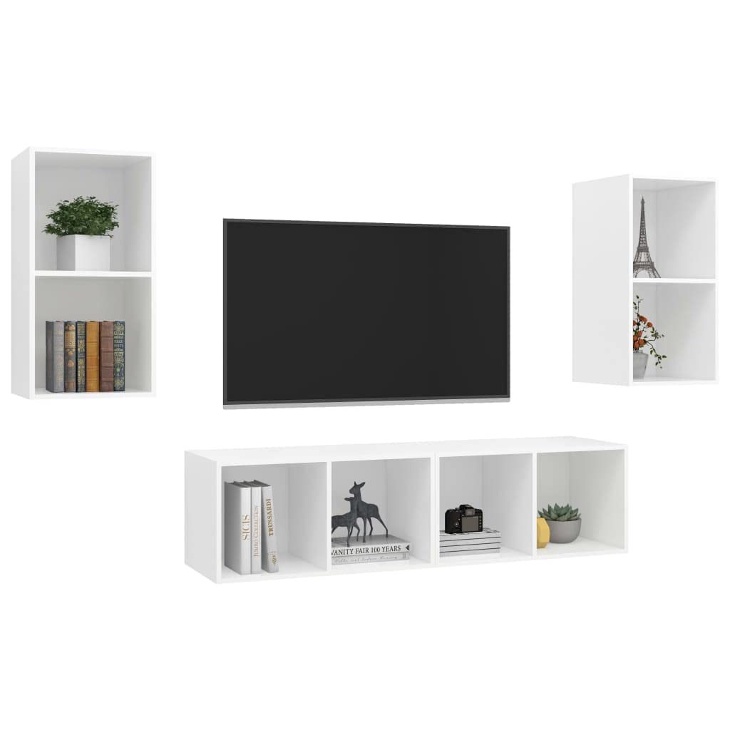 4-Piece Floating TV Stand Set White Engineered Wood | Each cabinet measures 14.6x14.6x28.3 inches with 2 compartments for vertical or horizontal mounting.
