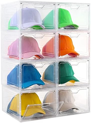 INSTY Hat Organizer Box for Baseball Caps, 8 Pack Plastic Hat Storage Containers, Clear Hat Box for Hat Display, Stackable Dust Proof Hat Rack With Magnetic Door, Easy to Assemble Hat Holder
