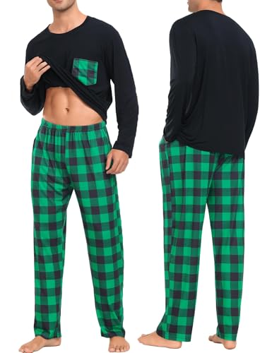 SWOMOG Adult Christmas Pajamas Buffalo Plaid Pajama Pants with Pockets Long Sleeve Tops for Couples & Family3